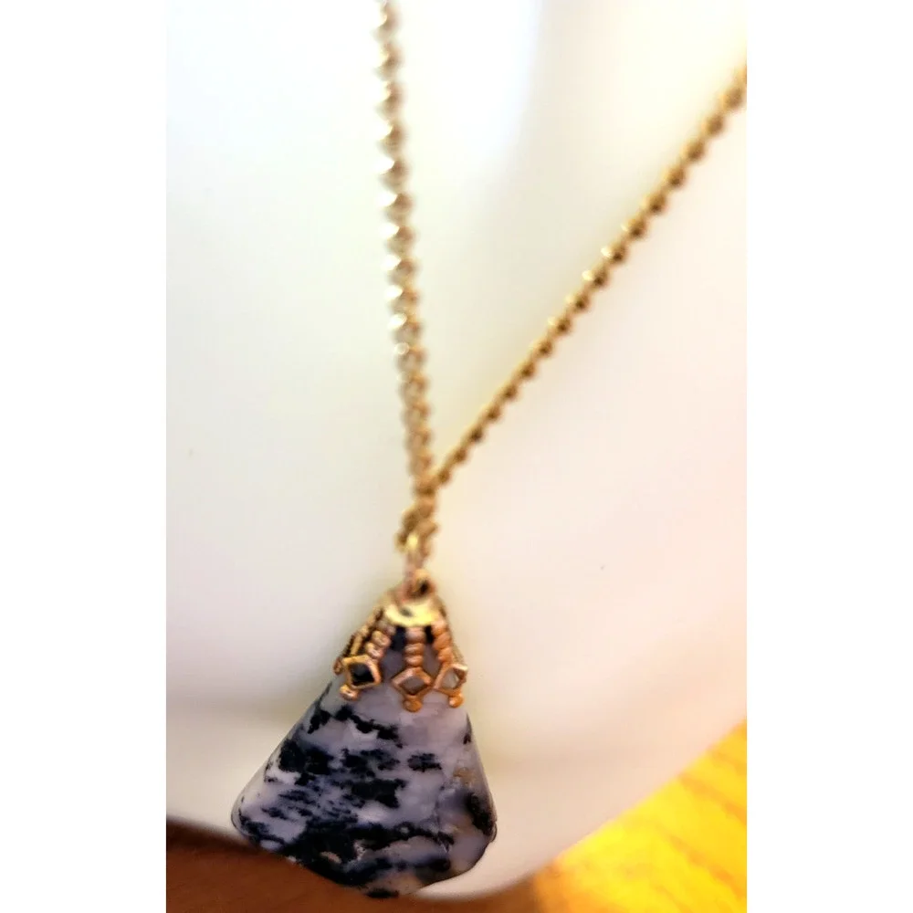 Vtg Estate Black Blue Gemstone Agate Gold Tone Chain Jewelry Necklace Handmade